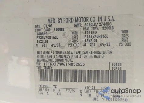 2001 Ford F-150 Lariat/Xl/Xlt from USA, damaged, VIN 1FTRX17W61NB32655